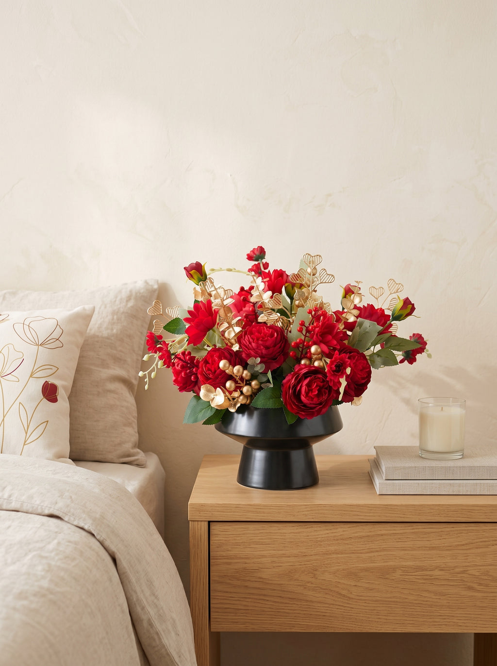 Luxury Red Rose and Golden Berry Faux Floral Arrangement