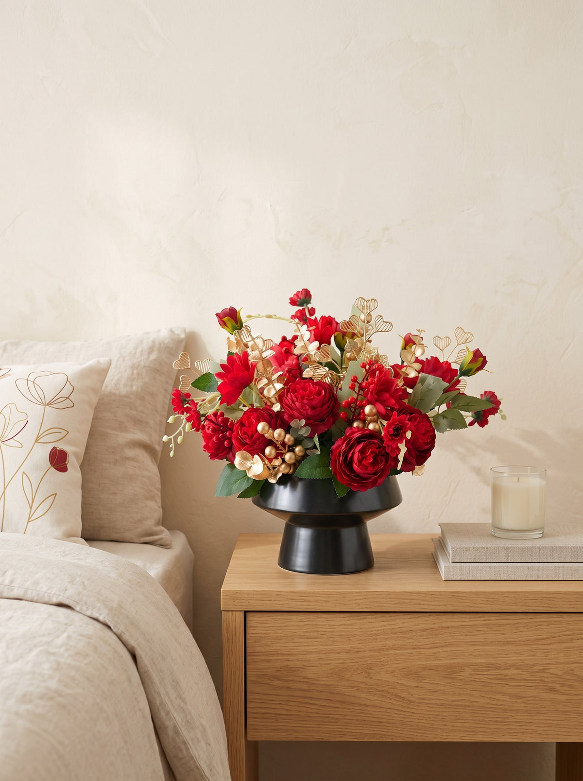 Luxury Red Rose and Golden Berry Faux Floral Arrangement