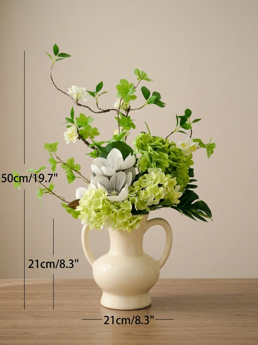 Nordic Magnolia and Green Hydrangea Botanical Faux Floral Arrangement