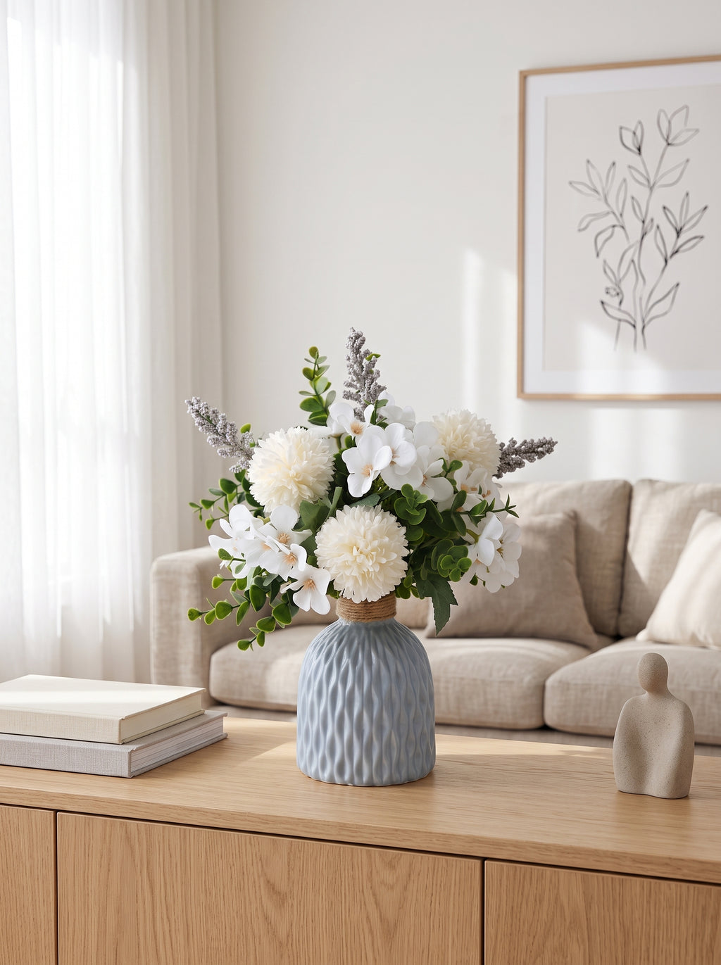Serene White Pompon Chrysanthemum and Sage Faux Floral Arrangement