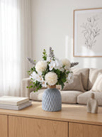 Serene White Pompon Chrysanthemum and Sage Faux Floral Arrangement