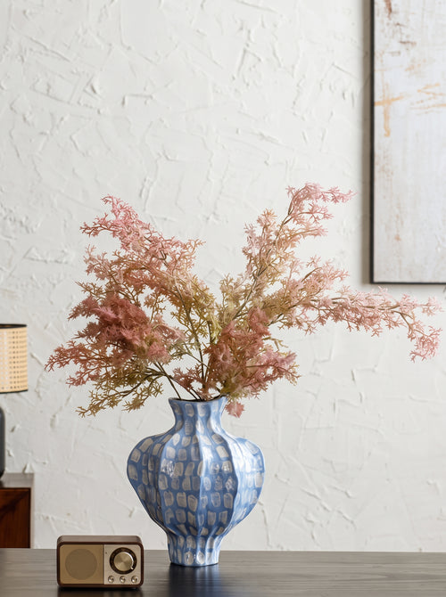 Artisanal Fluted Blue Spotted Ceramic Vase