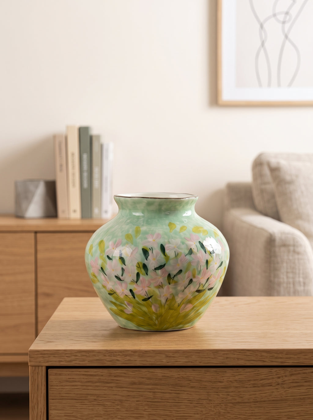 Impressionist Floral Hand-painted Green Ceramic Vase