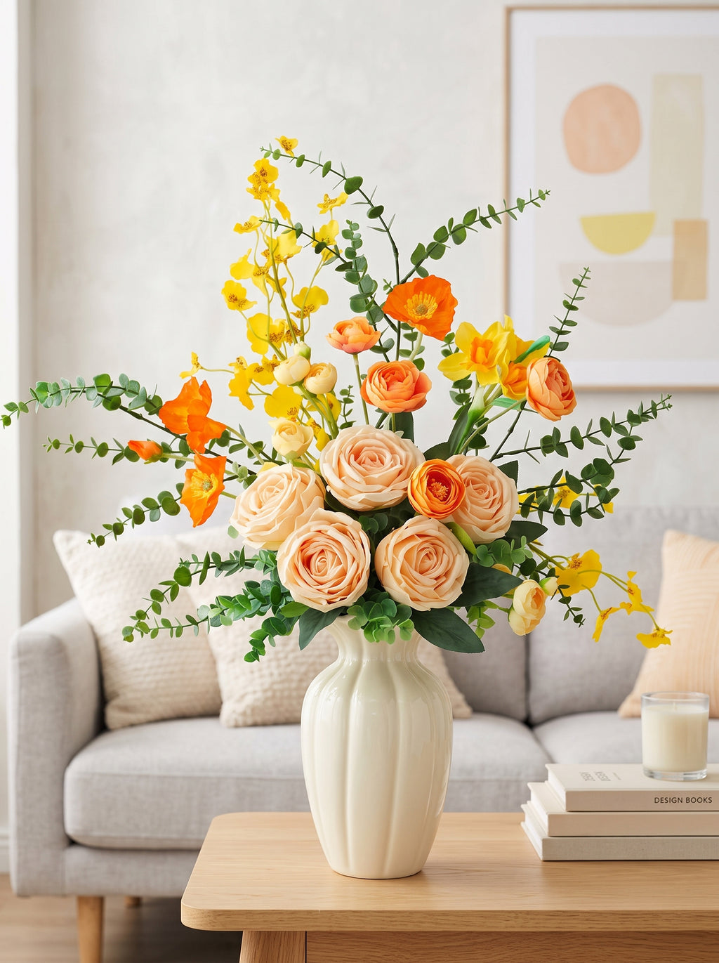 Nordic Champagne Rose and Yellow Dancing Orchid Faux Floral Arrangement