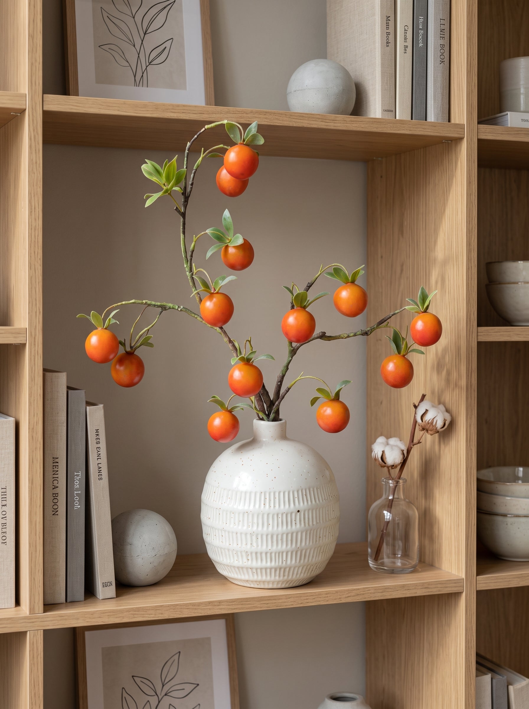Golden Autumn Harvest Faux Persimmon Branch Artificial Floral Arrangement