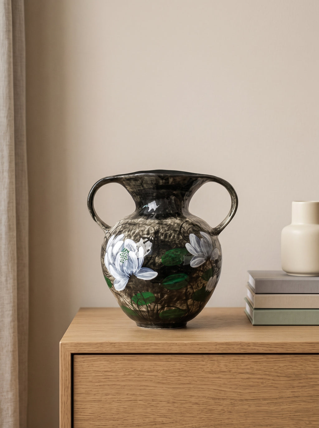 Hand-Painted White Lotus Two-Handled Vase