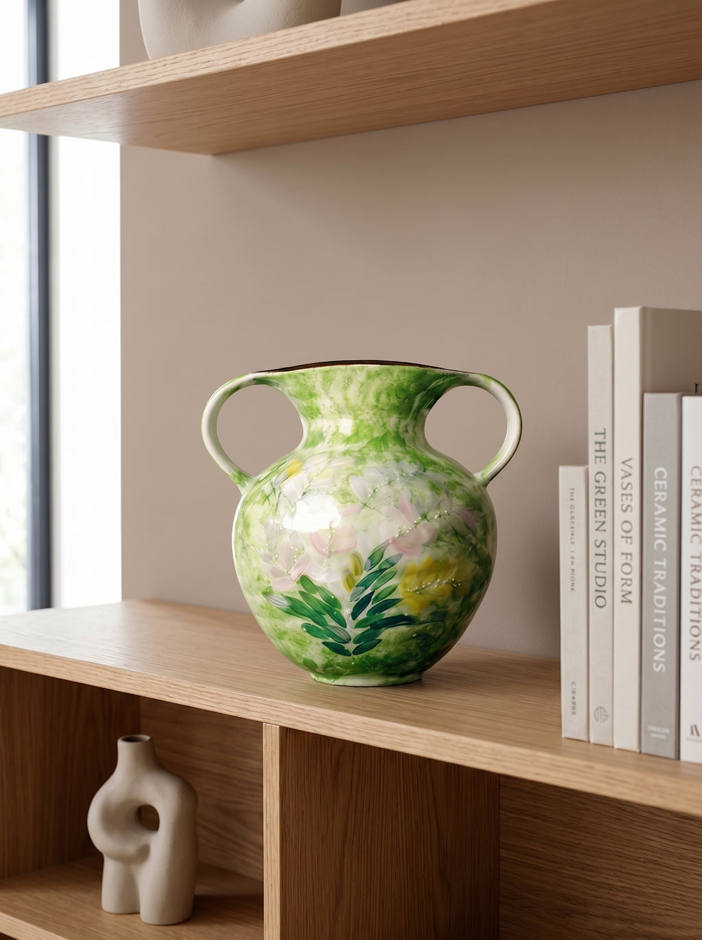 Hand-Painted Green Floral Two-Handled Vase
