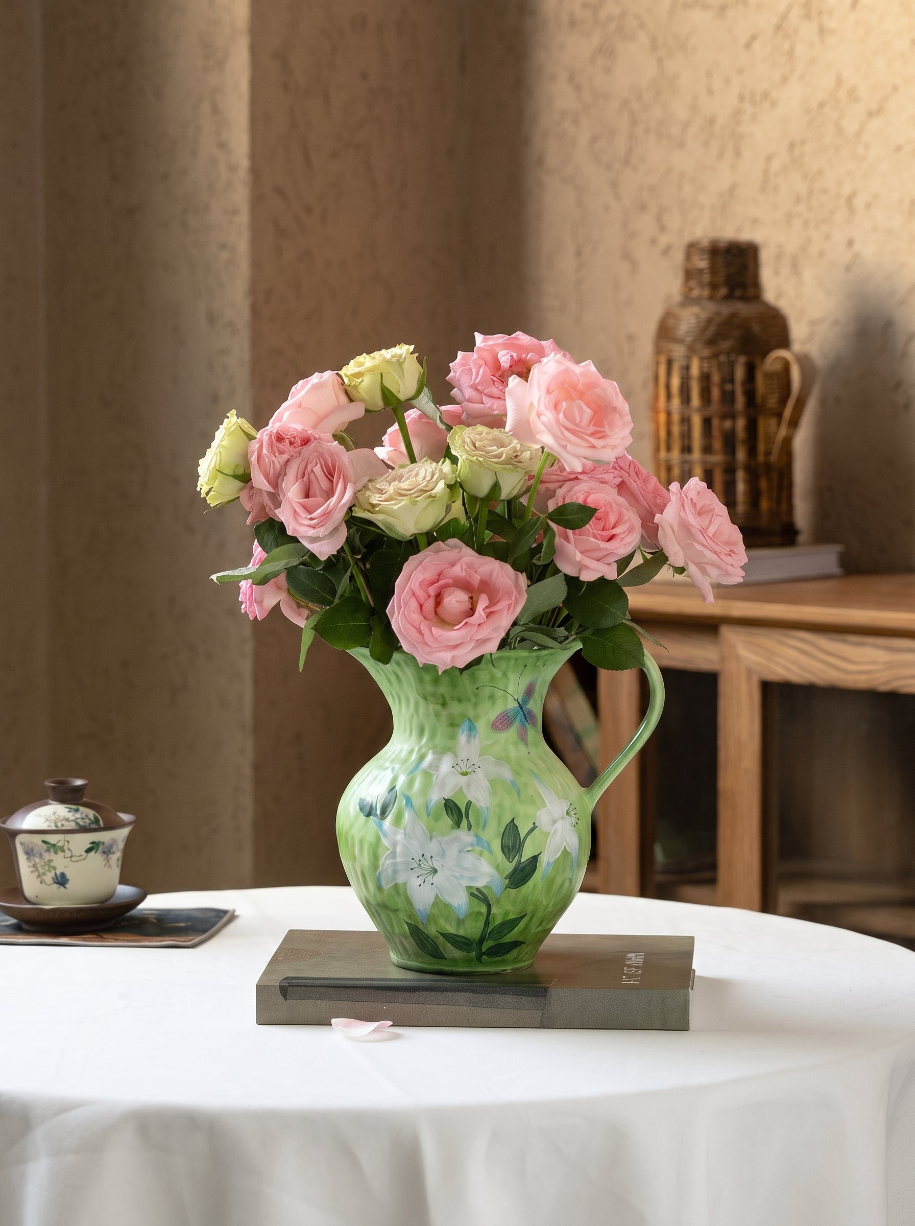 French Country Botanical Lily Butterfly Ceramic Vase
