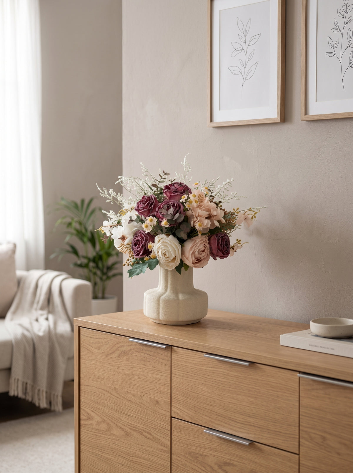 Vintage Dusty Burgundy Rose Faux Floral Arrangement