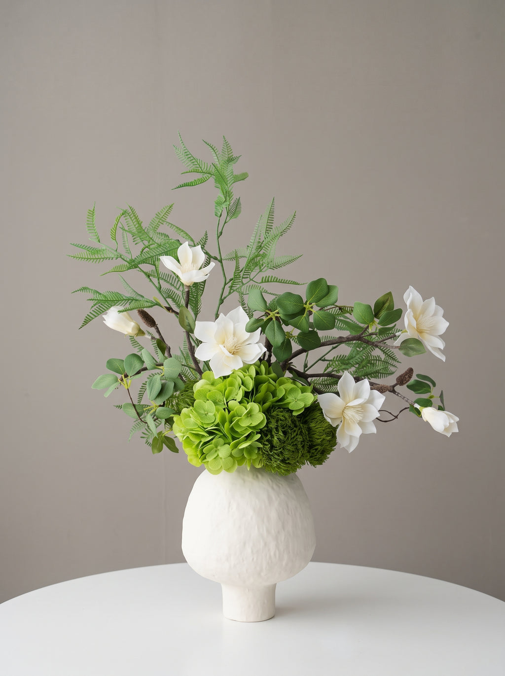 Zen White Magnolia and Green Hydrangea Faux Floral Arrangement