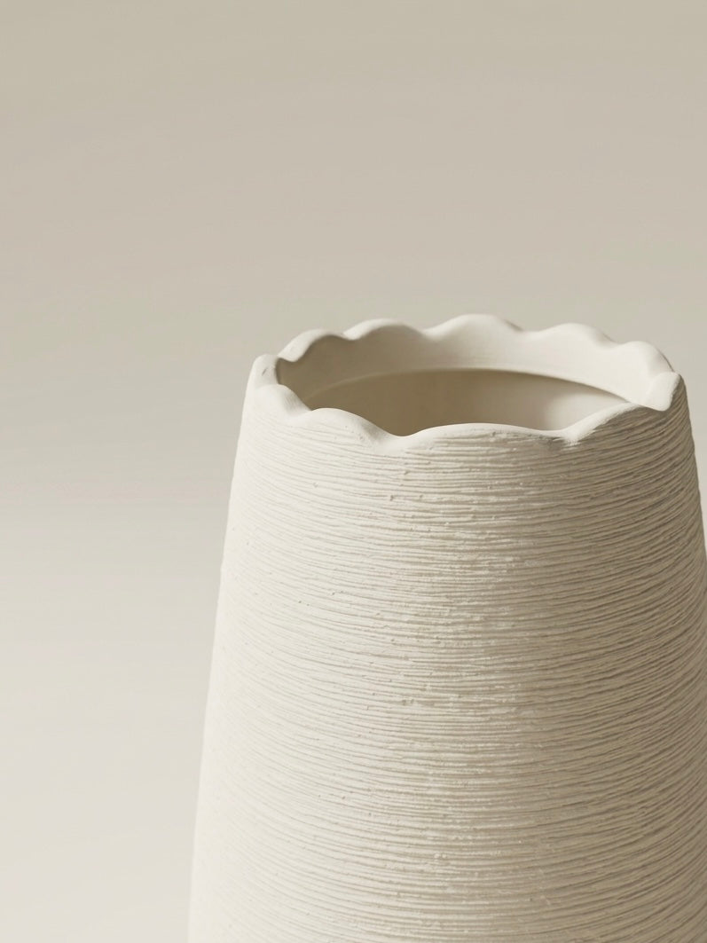 Artisan Textured Cream Scalloped Rim Ceramic Vase