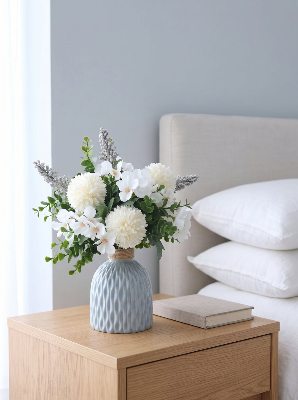 Serene White Pompon Chrysanthemum and Sage Faux Floral Arrangement