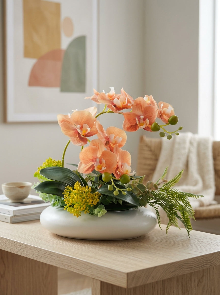 Zen Apricot Phalaenopsis Orchid Botanical Faux Floral Arrangement