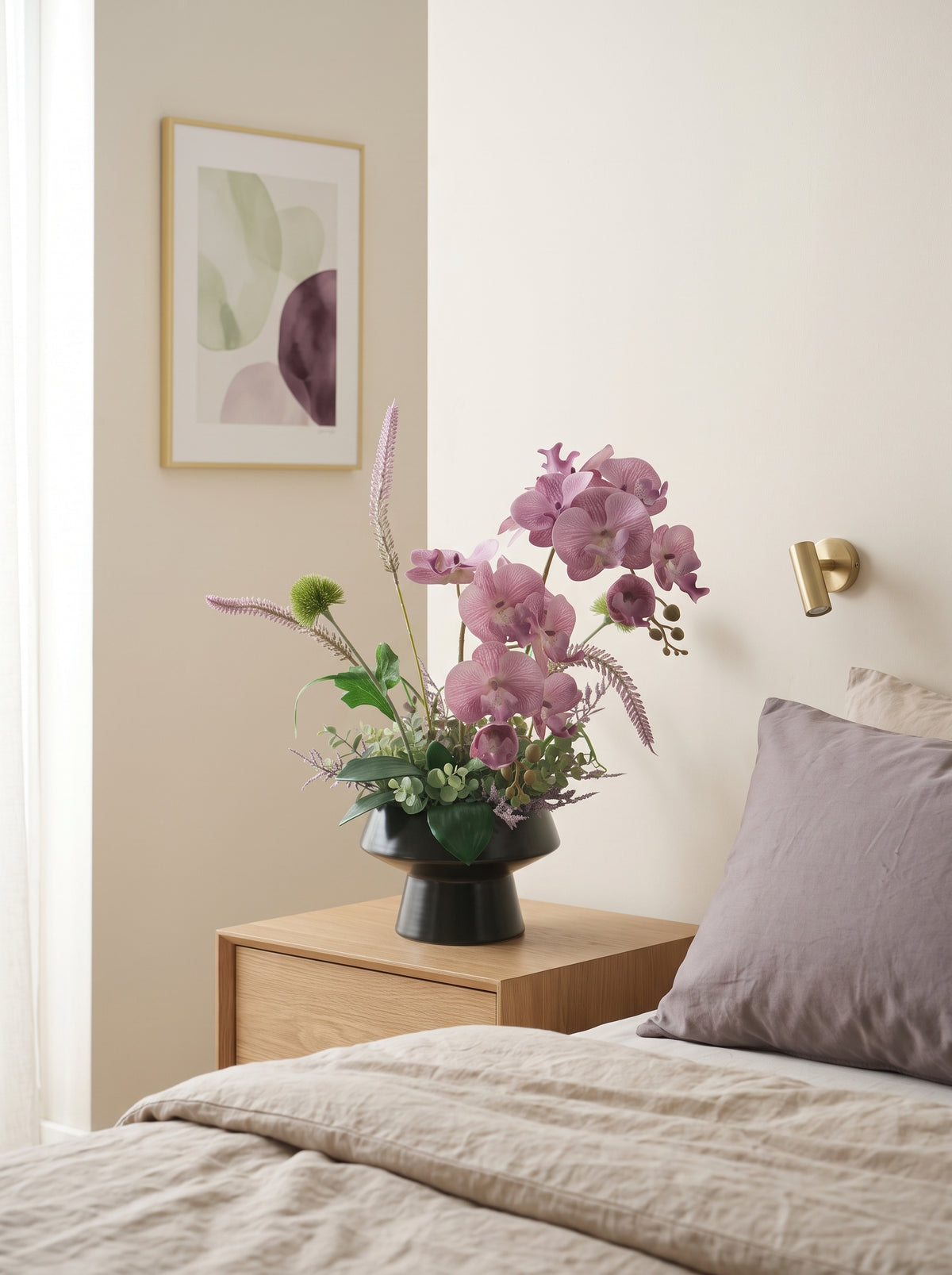 Zen Mauve Purple Orchid Botanical Faux Floral Arrangement