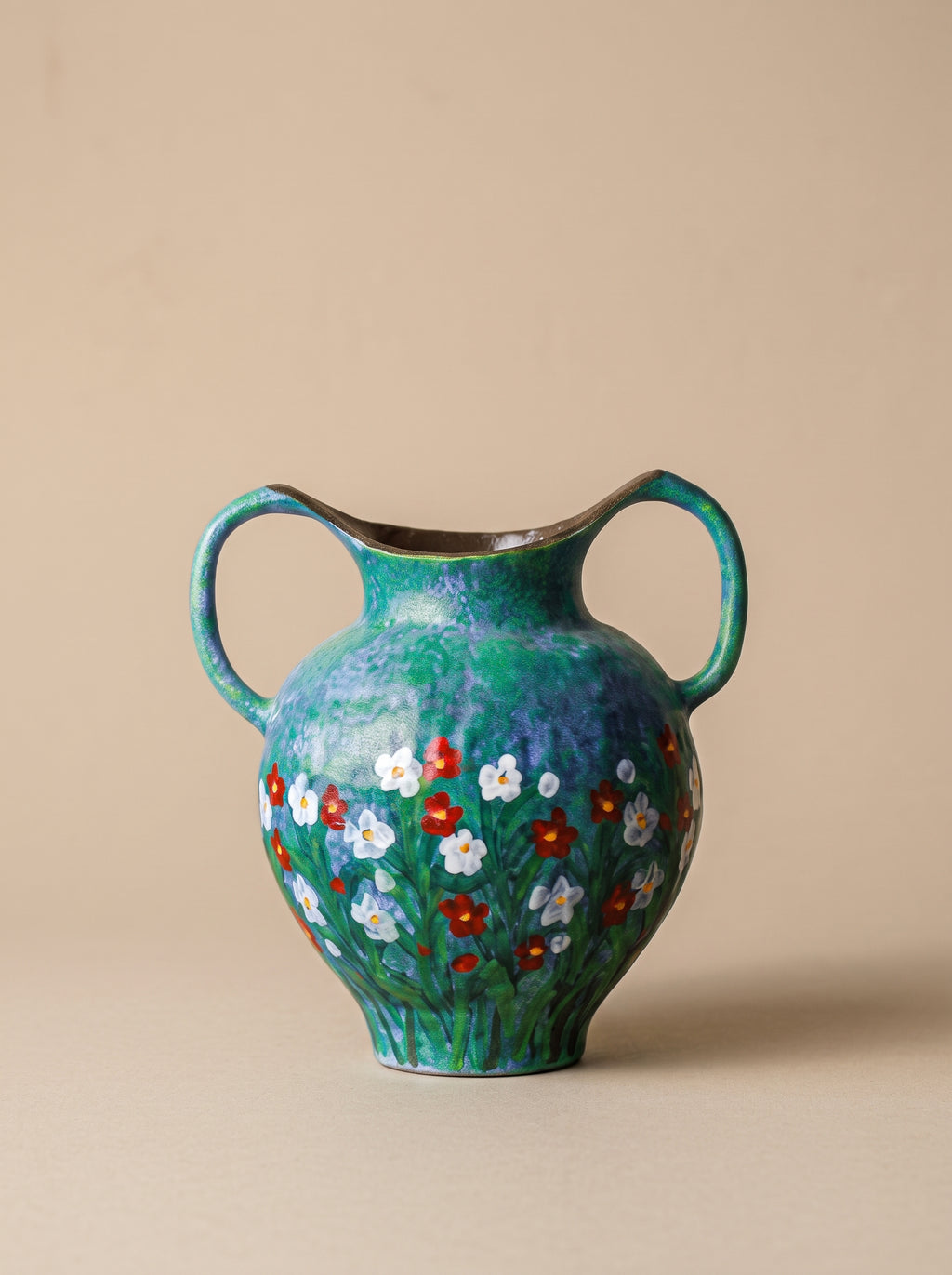 Emerald Green Hand-Painted Double-Handle Vase