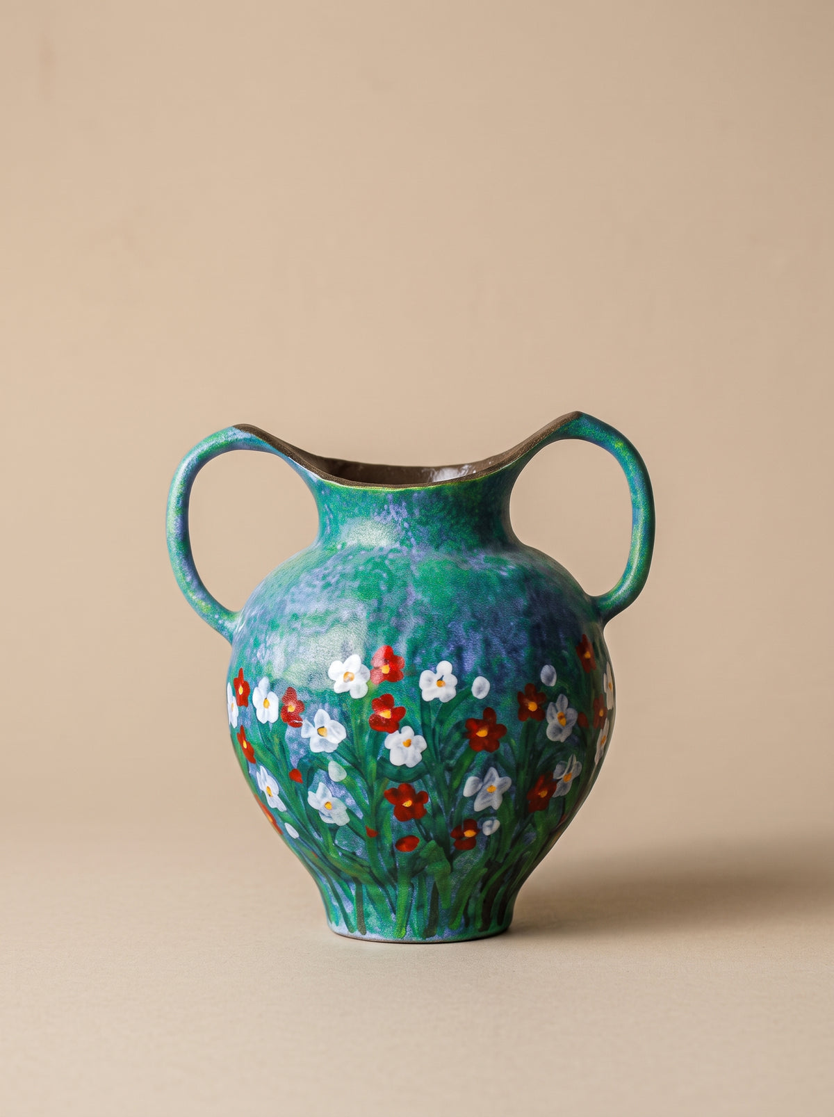 Emerald Green Hand-Painted Double-Handle Vase