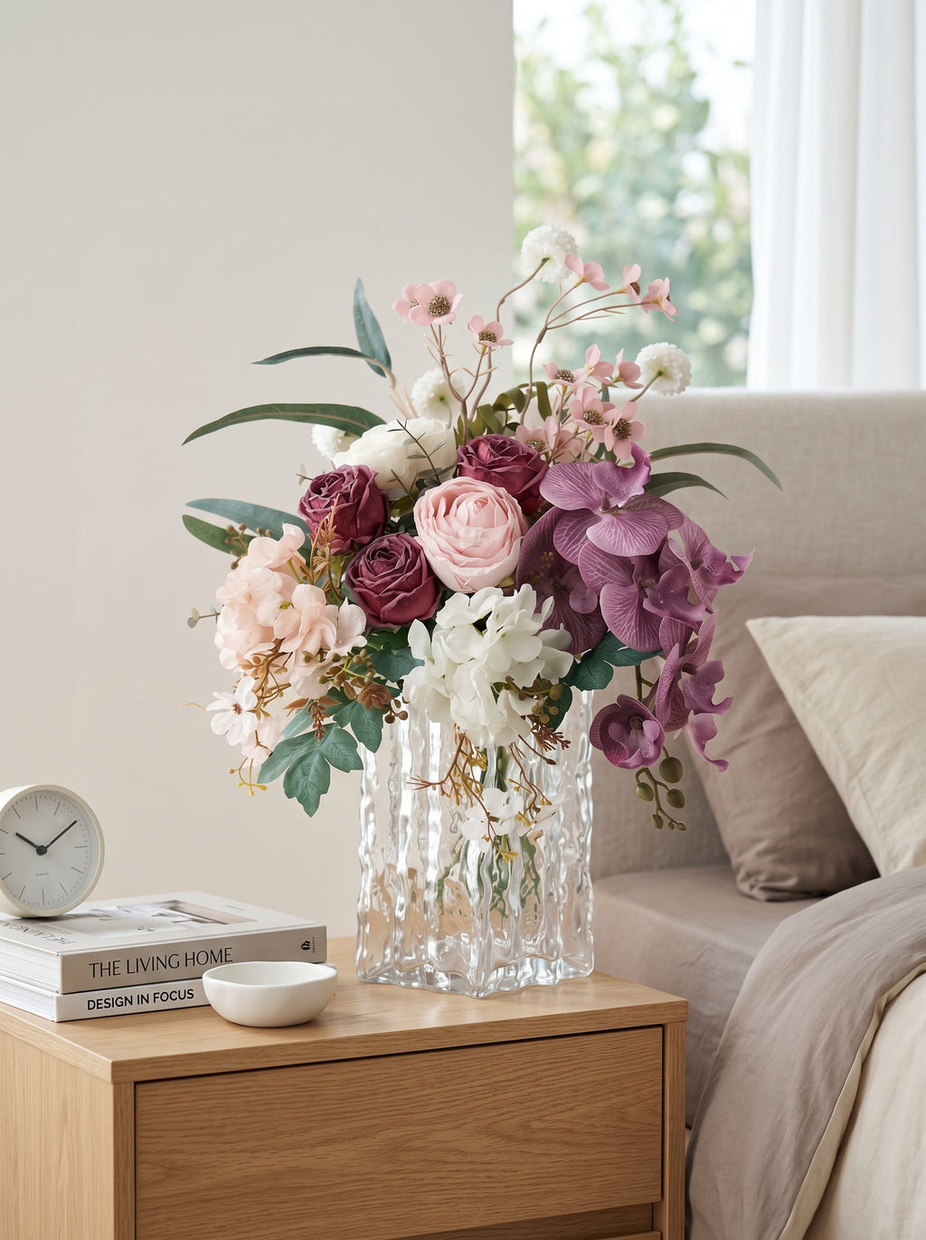 Dusty Purple Orchid and Rose Faux Floral Arrangement
