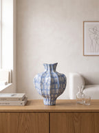Artisanal Fluted Blue Spotted Ceramic Vase
