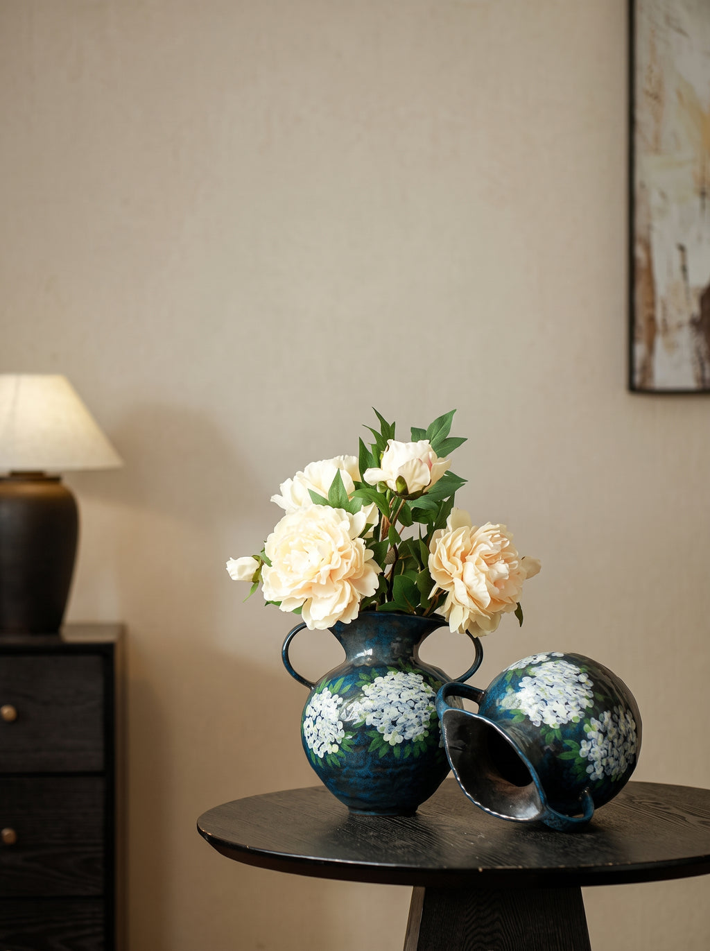 Hand-Painted Hydrangea Blue Double-Handle Vase