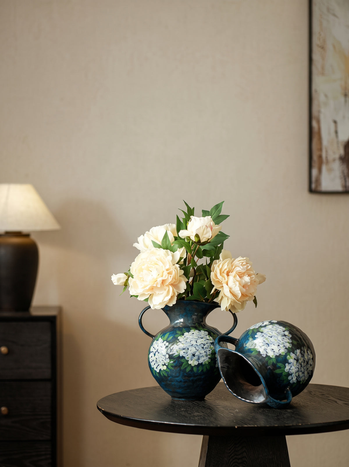 Hand-Painted Hydrangea Blue Double-Handle Vase