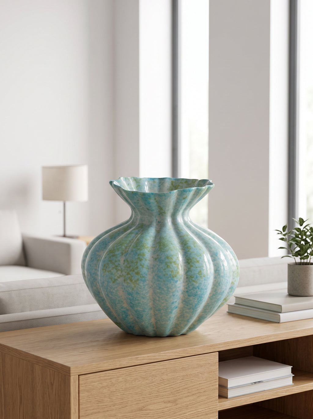 Artisanal Fluted Mint Blue Vase