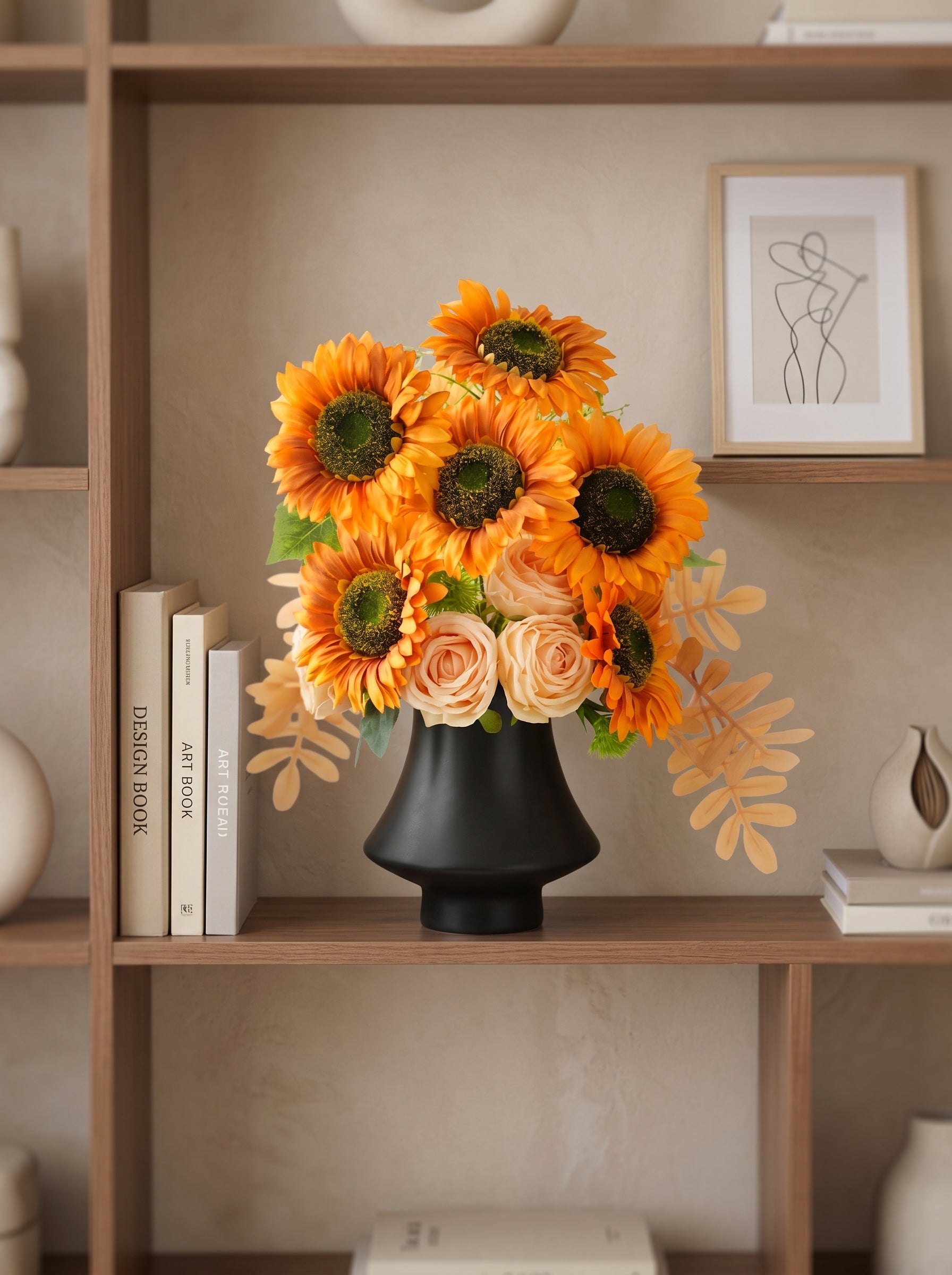 Oil Painting Sunflower and Rose Faux Floral Arrangement
