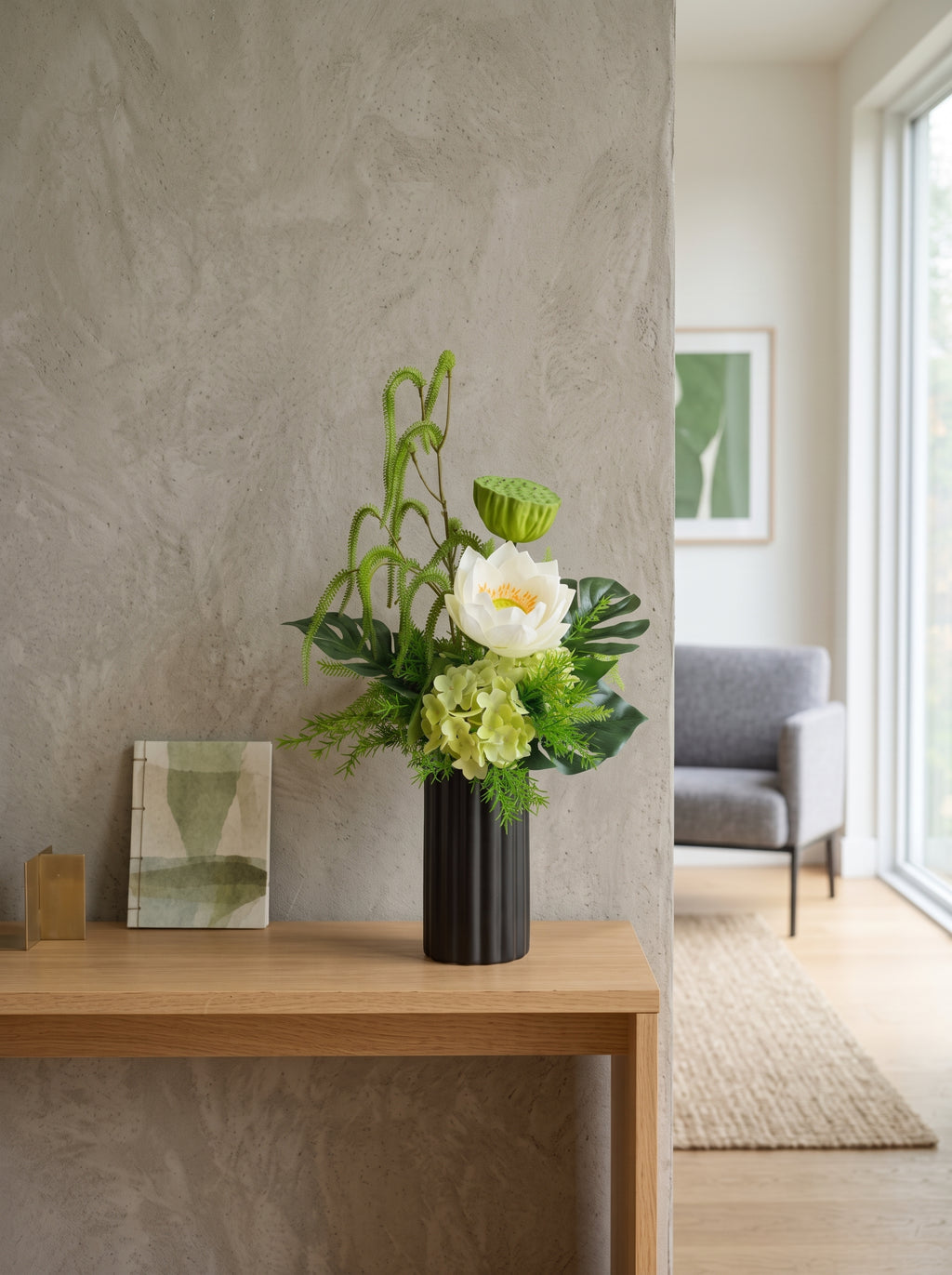 Zen White Lotus and Lotus Pod Botanical Faux Floral Arrangement