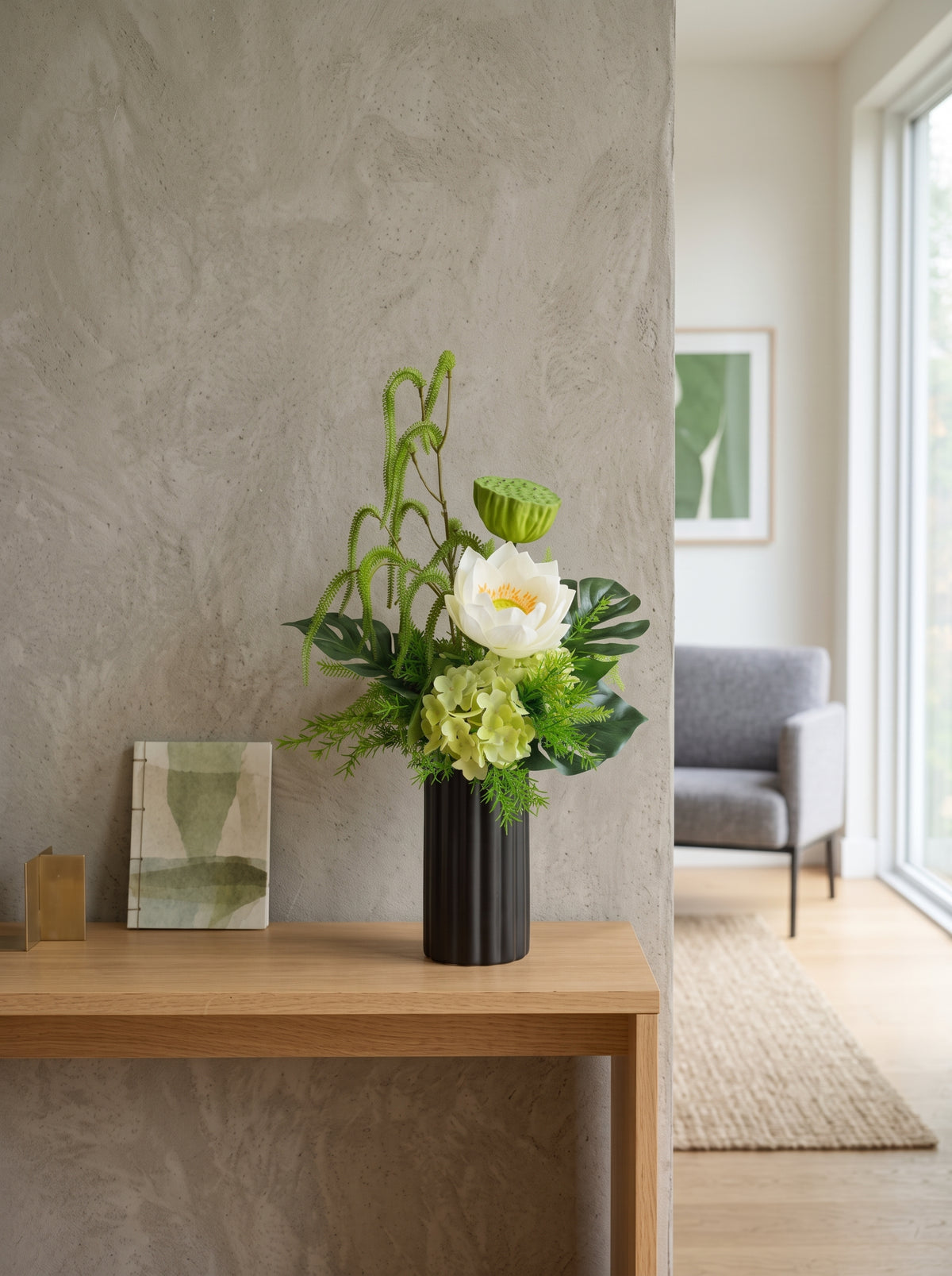 Zen White Lotus and Lotus Pod Botanical Faux Floral Arrangement