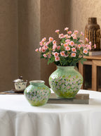 Impressionist Floral Hand-painted Green Ceramic Vase