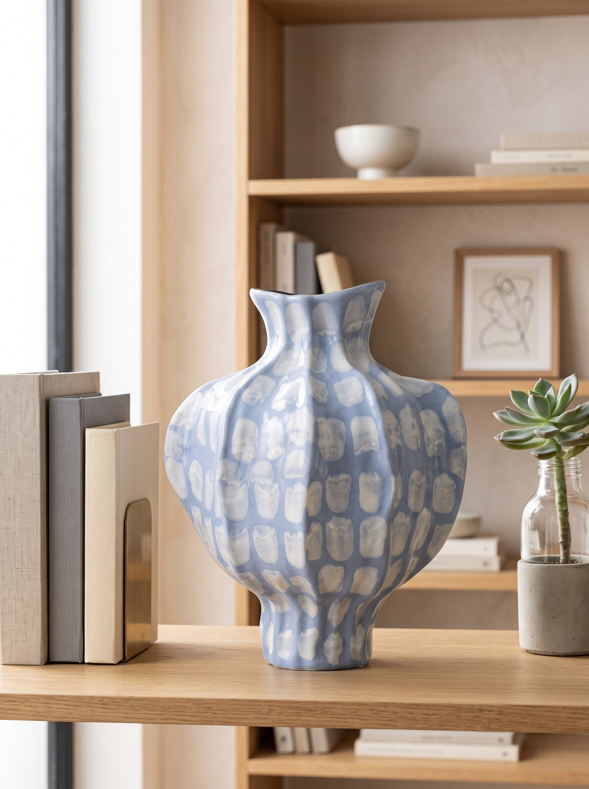 Artisanal Fluted Blue Spotted Ceramic Vase