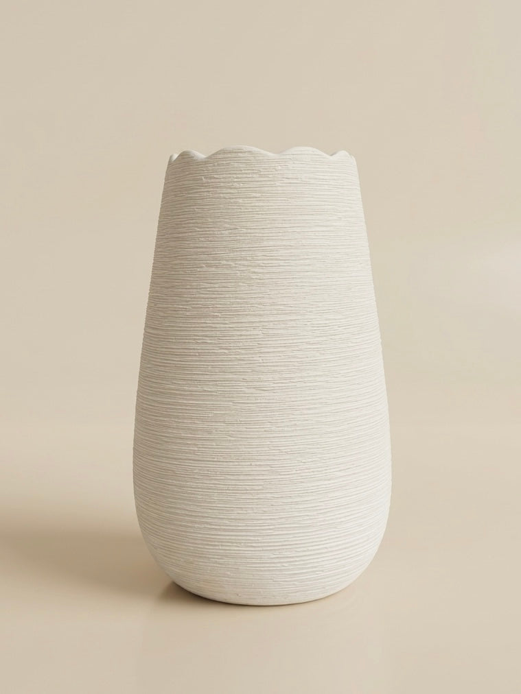 Artisan Textured Cream Scalloped Rim Ceramic Vase