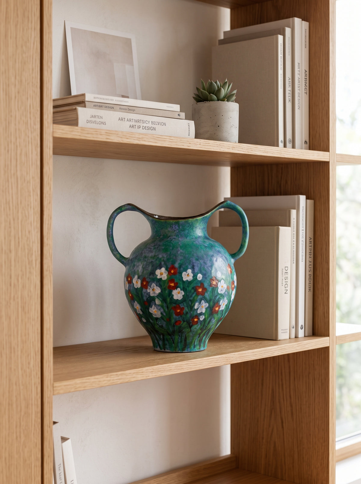 Emerald Green Hand-Painted Double-Handle Vase