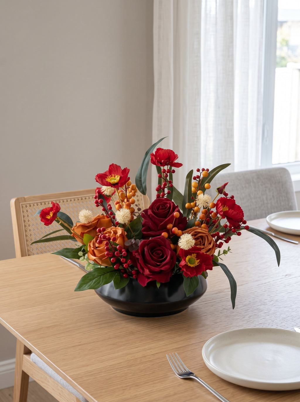 Vintage Red and Caramel Rose Botanical Faux Floral Arrangement