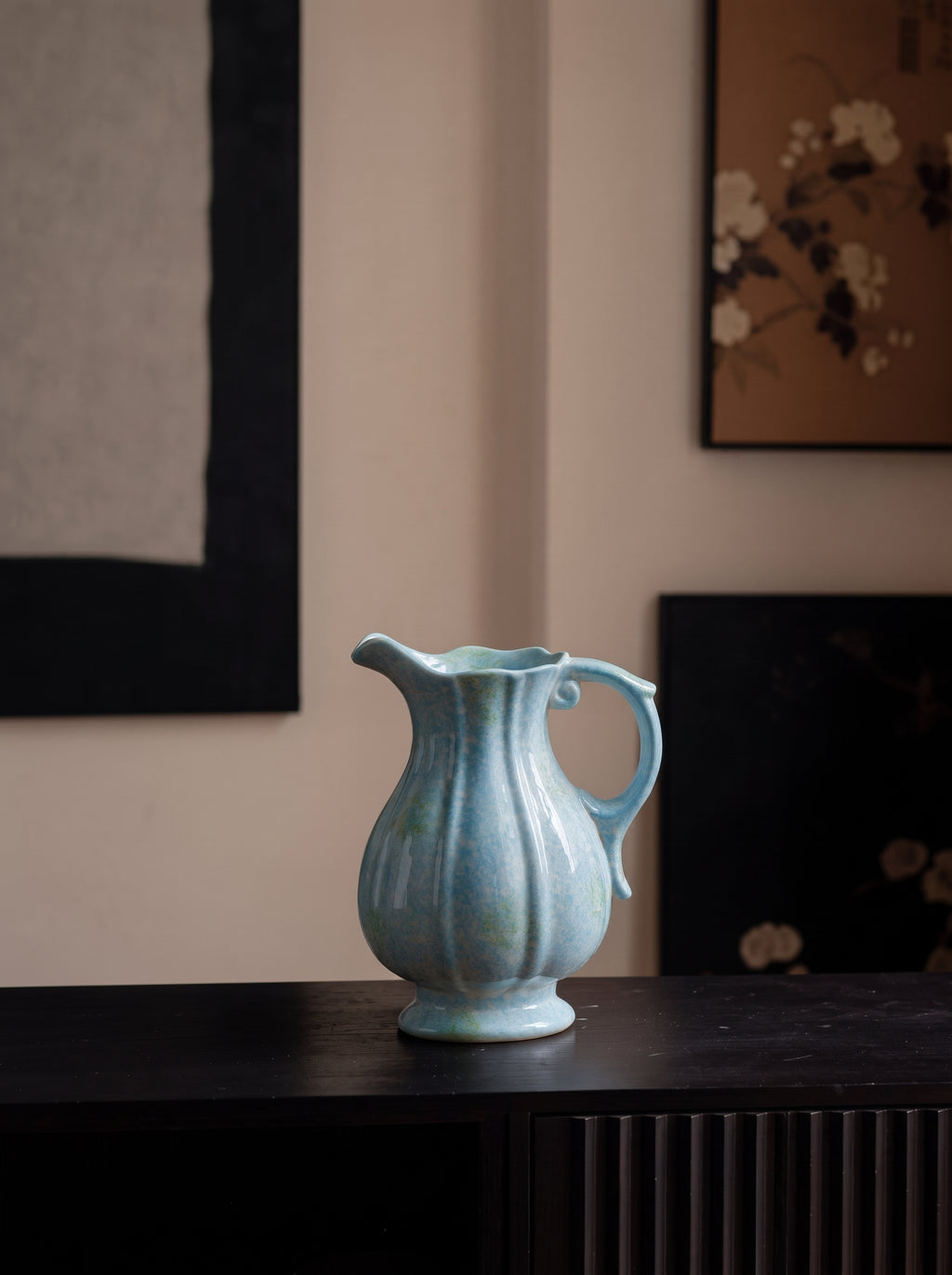 French Vintage Blue Speckled Ceramic Pitcher Vase