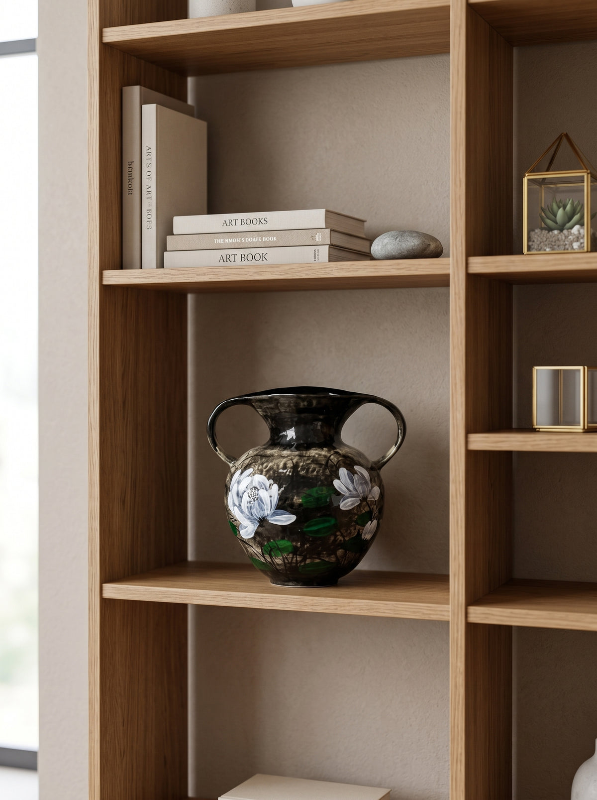 Hand-Painted White Lotus Two-Handled Vase