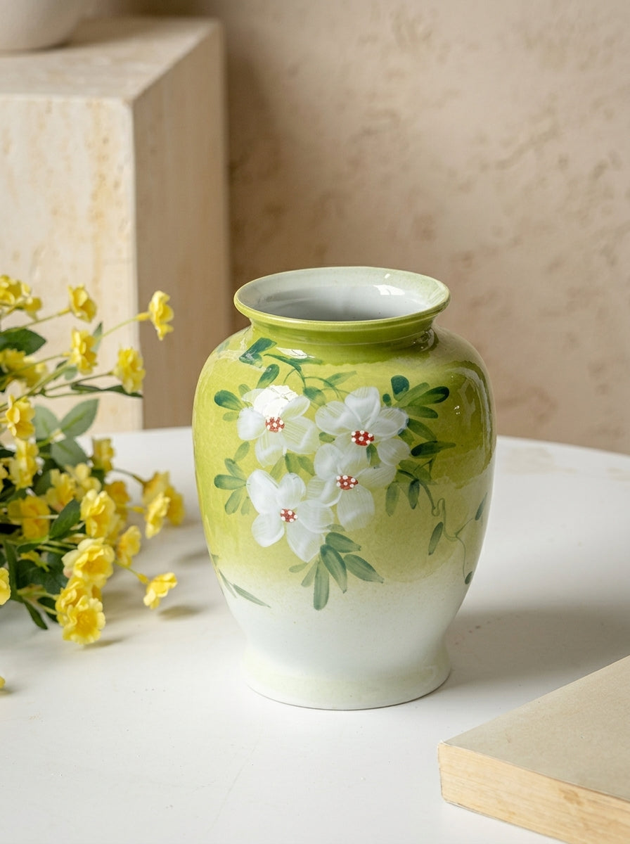 French Country Hand-painted White Jasmine Ceramic Vase