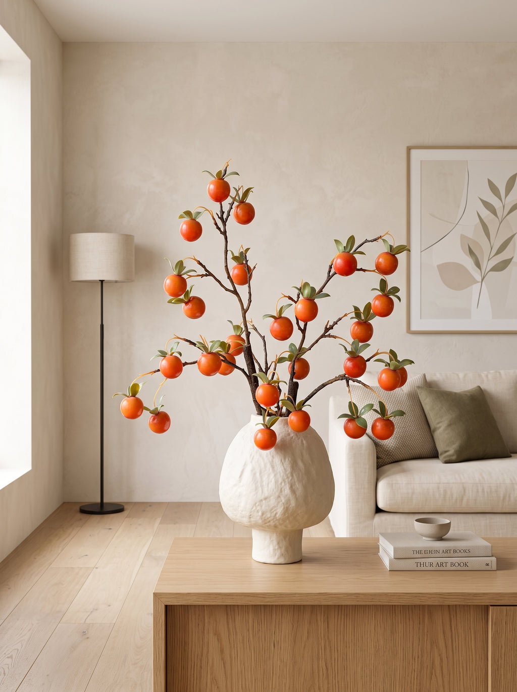 Golden Autumn Persimmon Fruit Botanical Branch Artificial Floral Arrangement