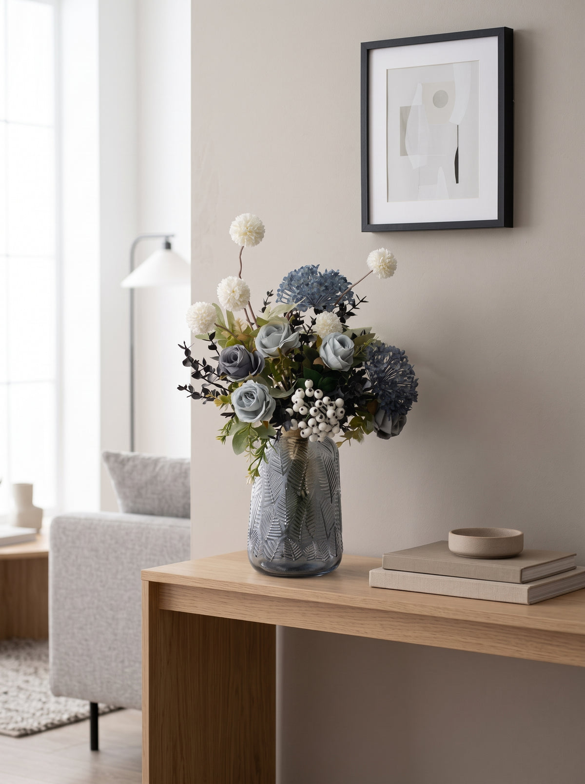 Dusty Mint Blue Rose and White Pom-Pom Faux Floral Arrangement