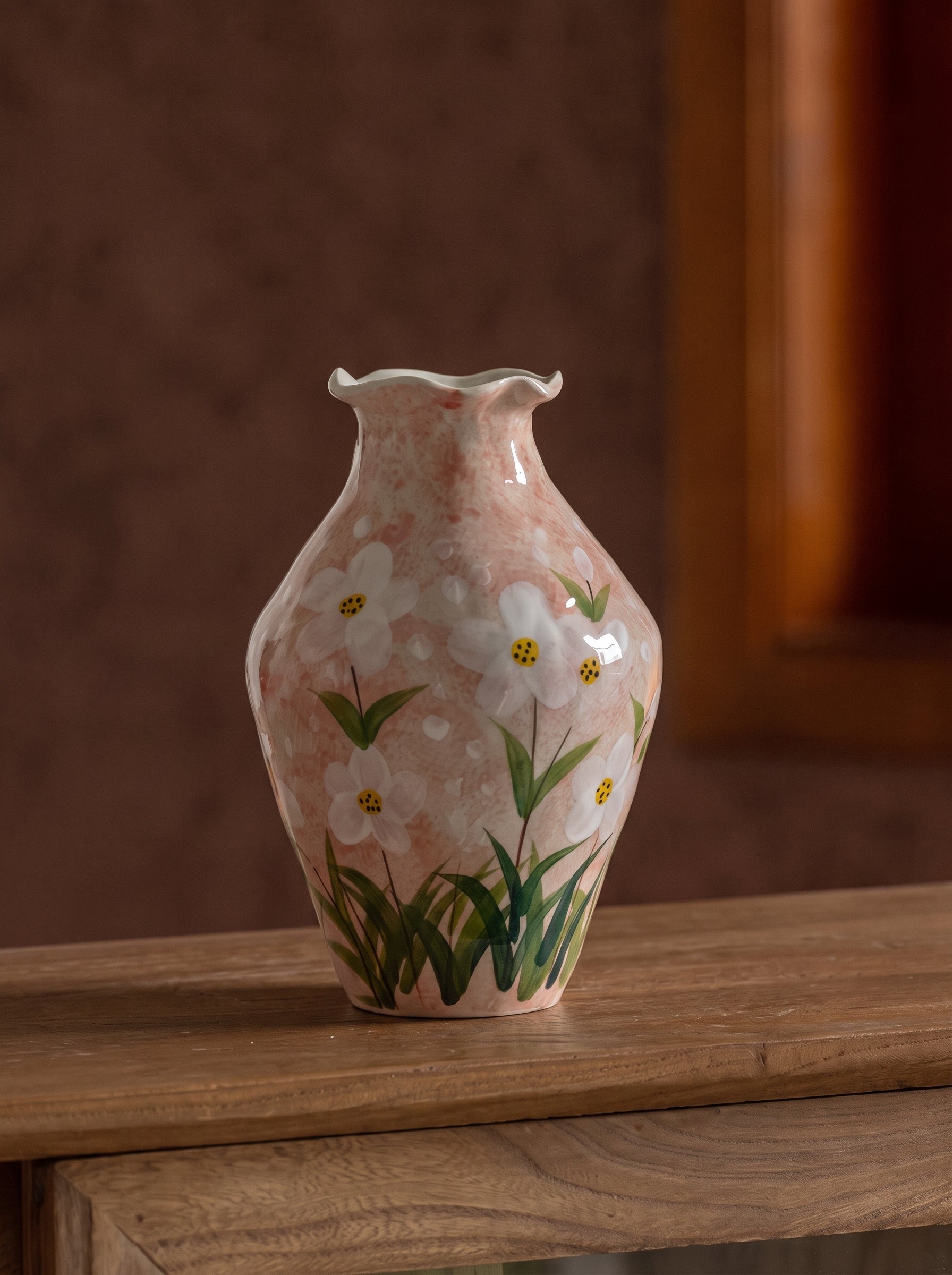 Hand-painted Blush Pink Floral Ceramic Vase