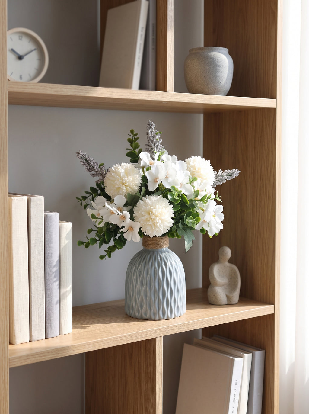 Serene White Pompon Chrysanthemum and Sage Faux Floral Arrangement