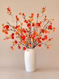 Franse plattelandsstijl met warme terracotta-kleurige physalis, kunstbloemschikking