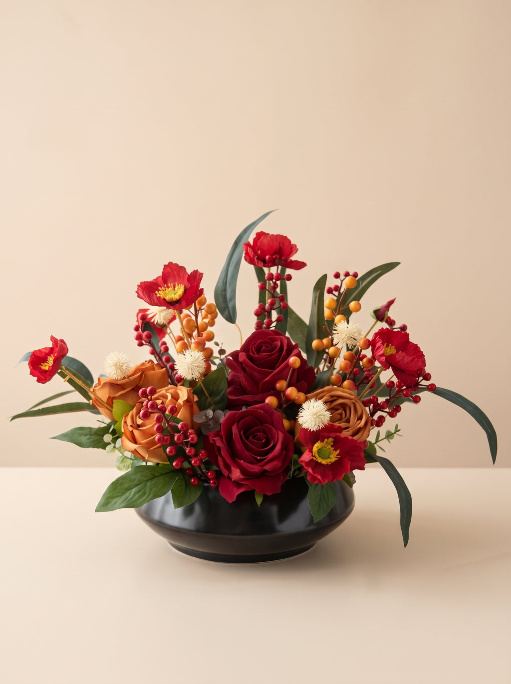 Vintage Red and Caramel Rose Botanical Faux Floral Arrangement