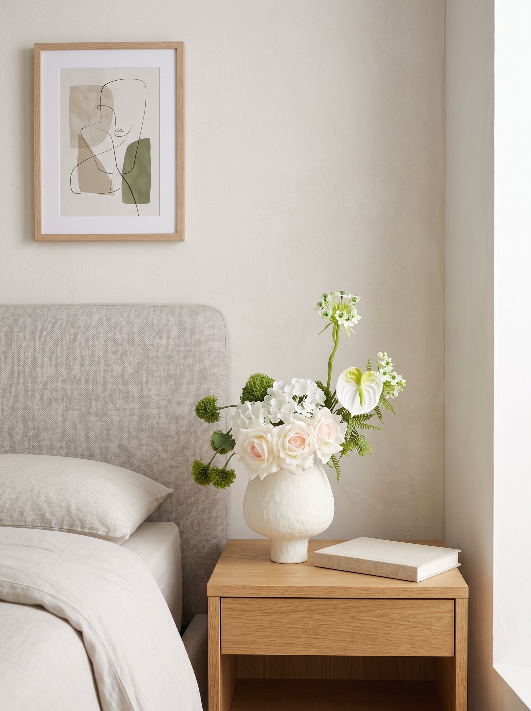Zen White Rose and Hydrangea Faux Floral Arrangement