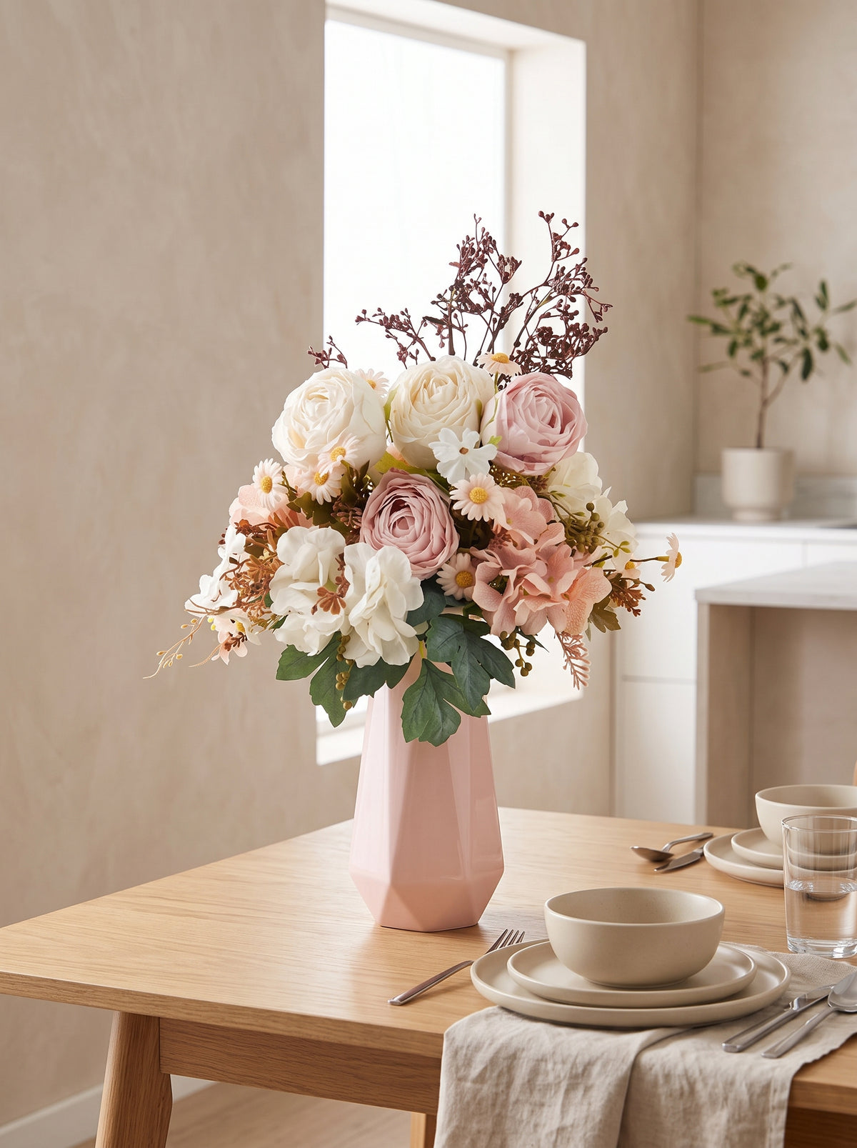 French Country Creamy Pink Rose Daisy Faux Floral Arrangement