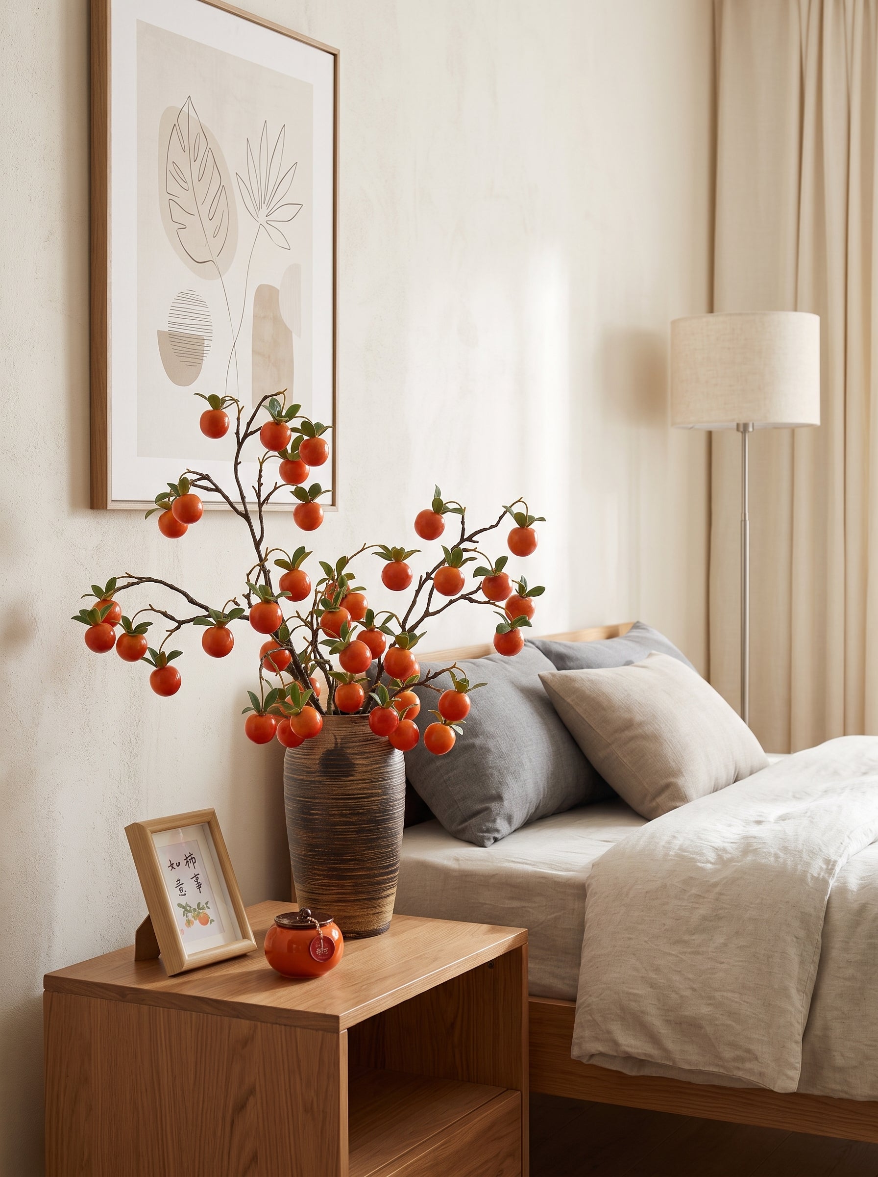 Luxurious Abundant Autumn Persimmon Fruit Stem Artificial Floral Arrangement