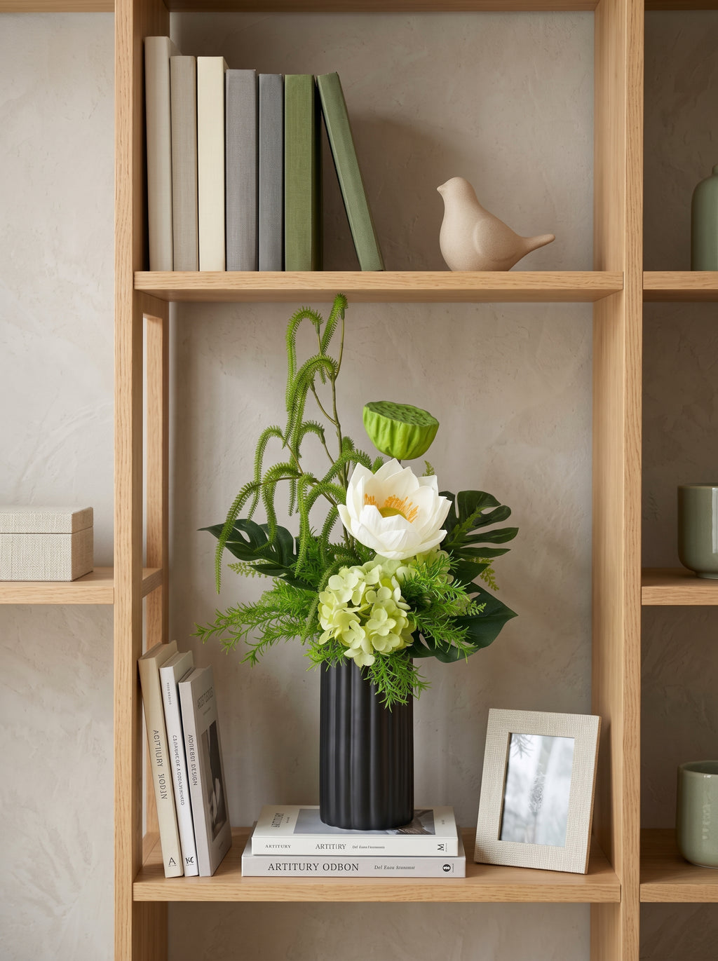 Zen White Lotus and Lotus Pod Botanical Faux Floral Arrangement