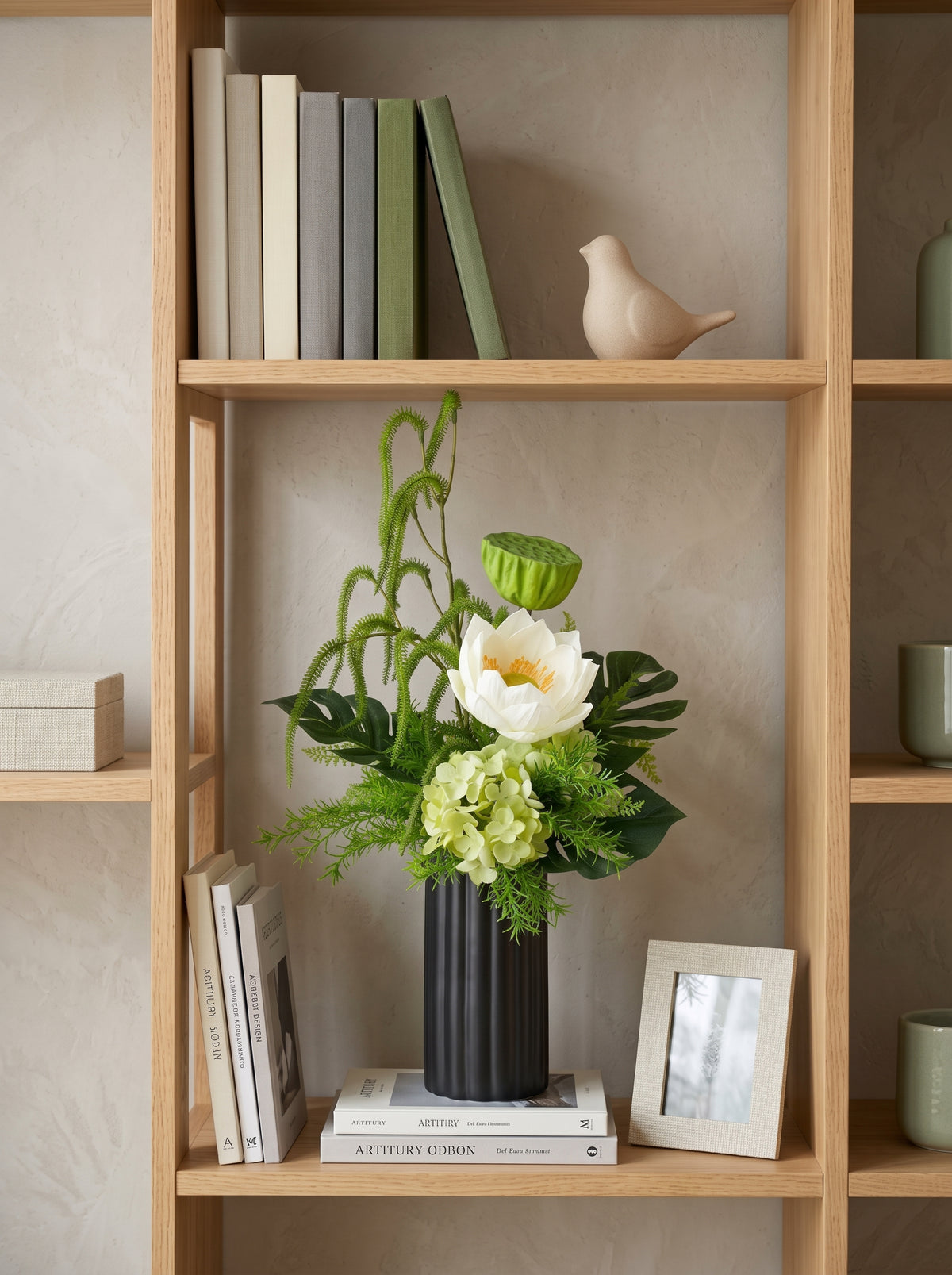 Zen White Lotus and Lotus Pod Botanical Faux Floral Arrangement