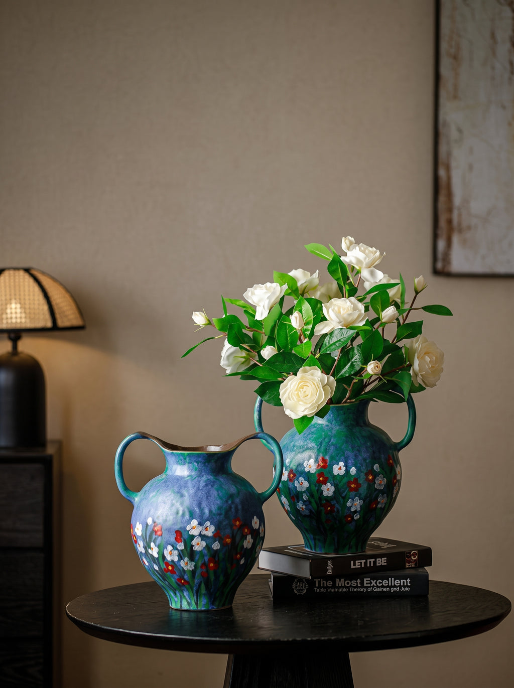 Emerald Green Hand-Painted Double-Handle Vase