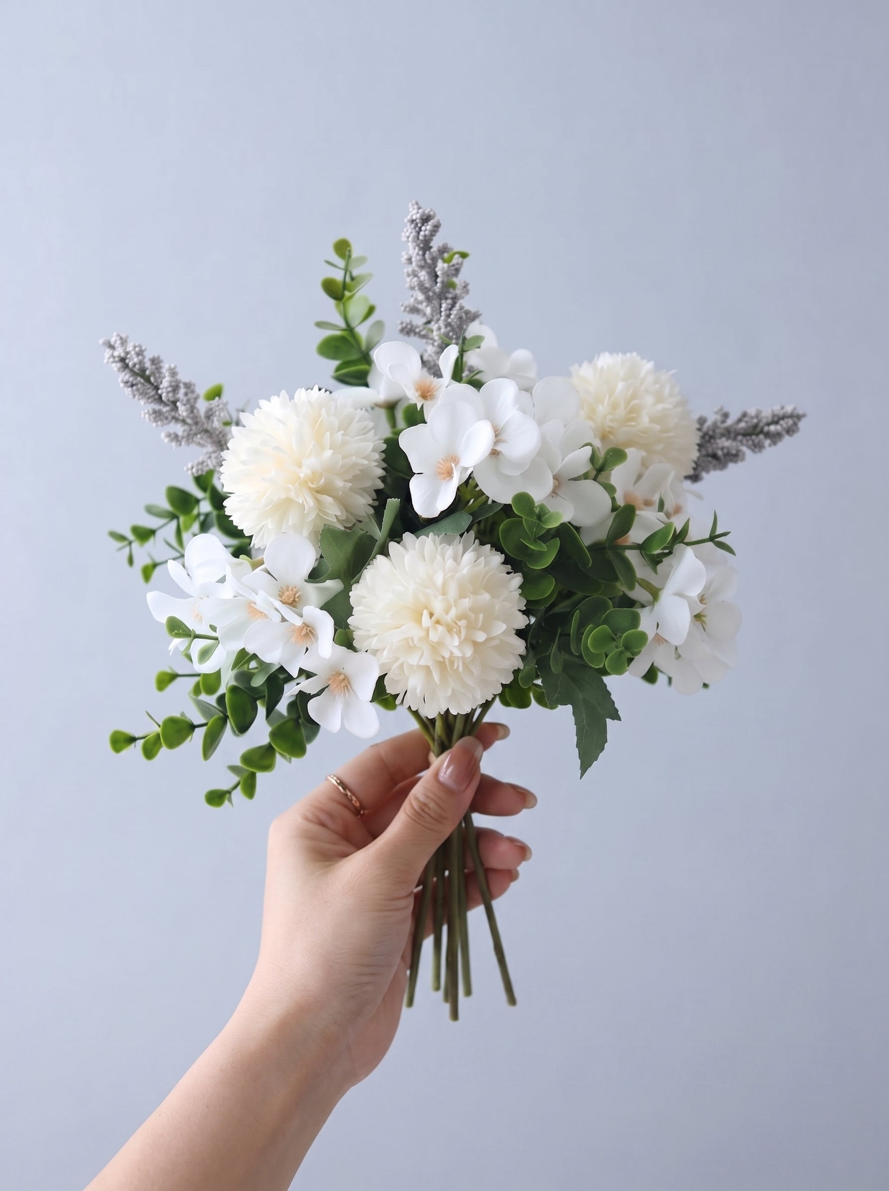 Serene White Pompon Chrysanthemum and Sage Faux Floral Arrangement