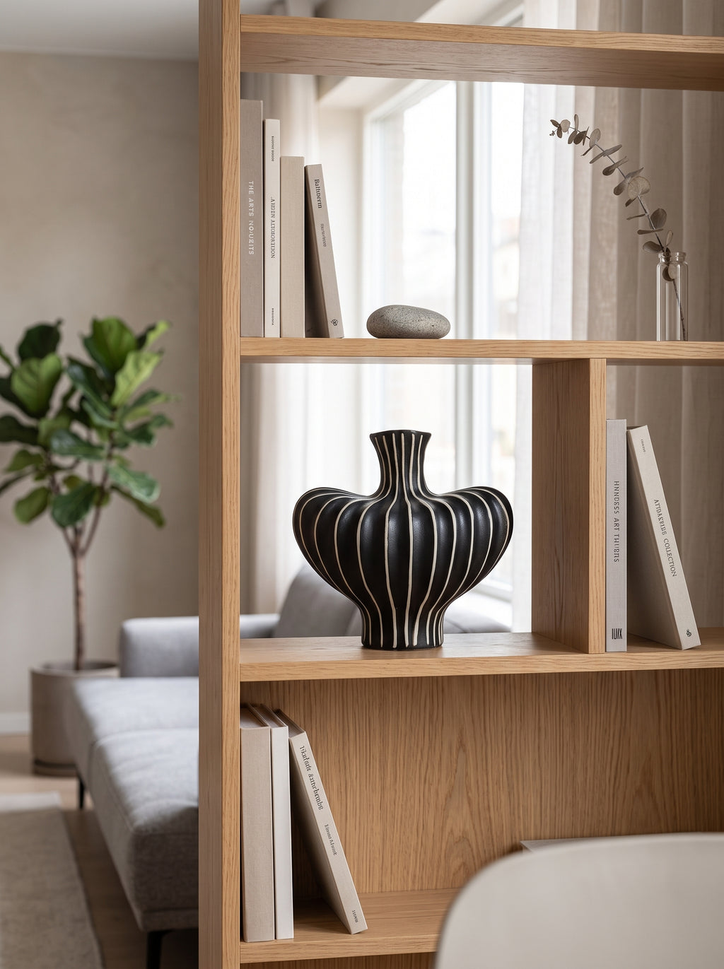 Modern Black White Striped Sculptural Vase